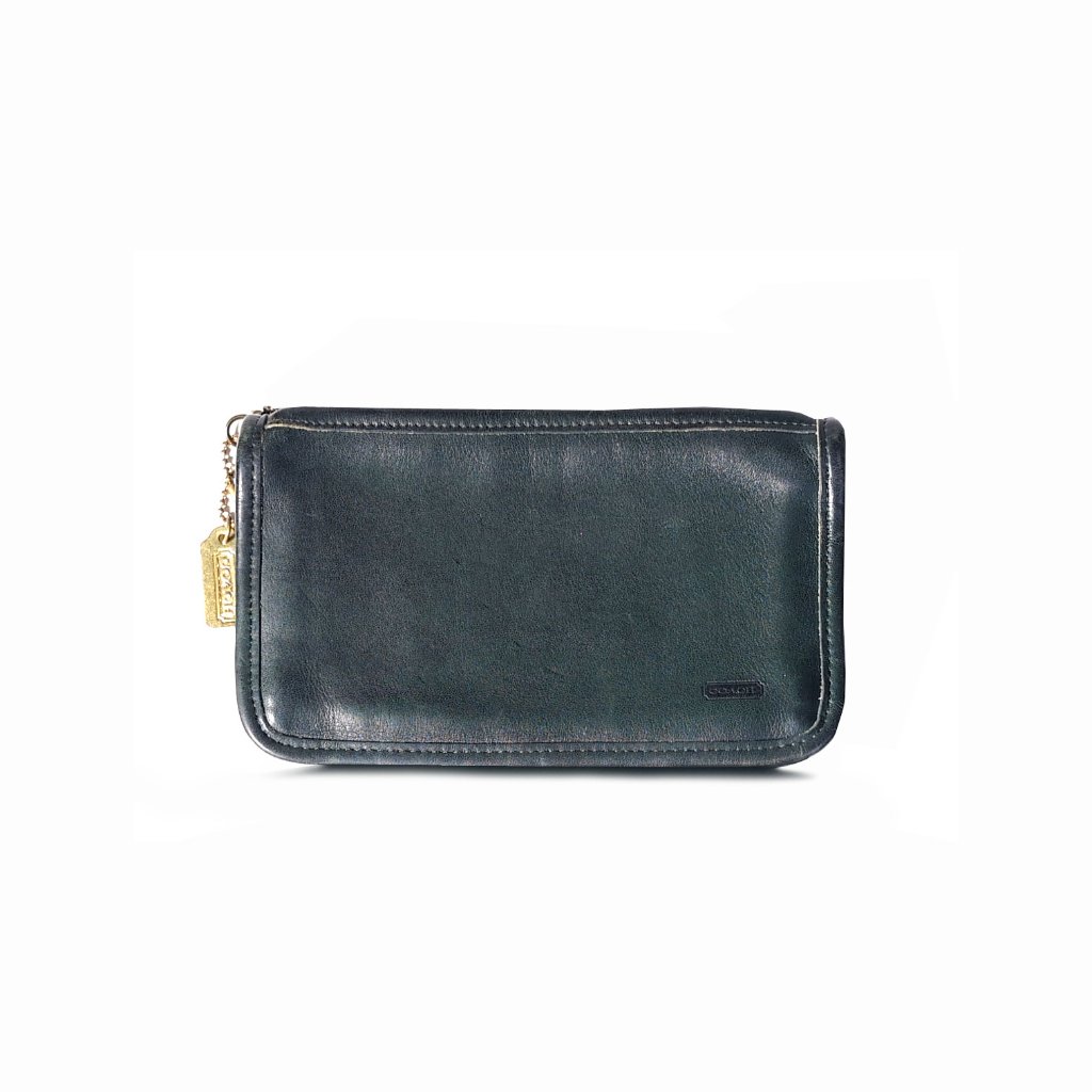 Vtg 1980s Coach Green Leather Skinny Case Make-Up Kit Zipper Pouch Rare #7170